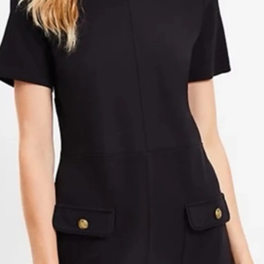 LOFT Black Short-Sleeve Mini Dress with Front Flap Pockets - Picture 2 of 9